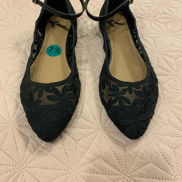 NWOT Sheer Black Embroidered Ankle Strap Flats - Picture 2 of 4